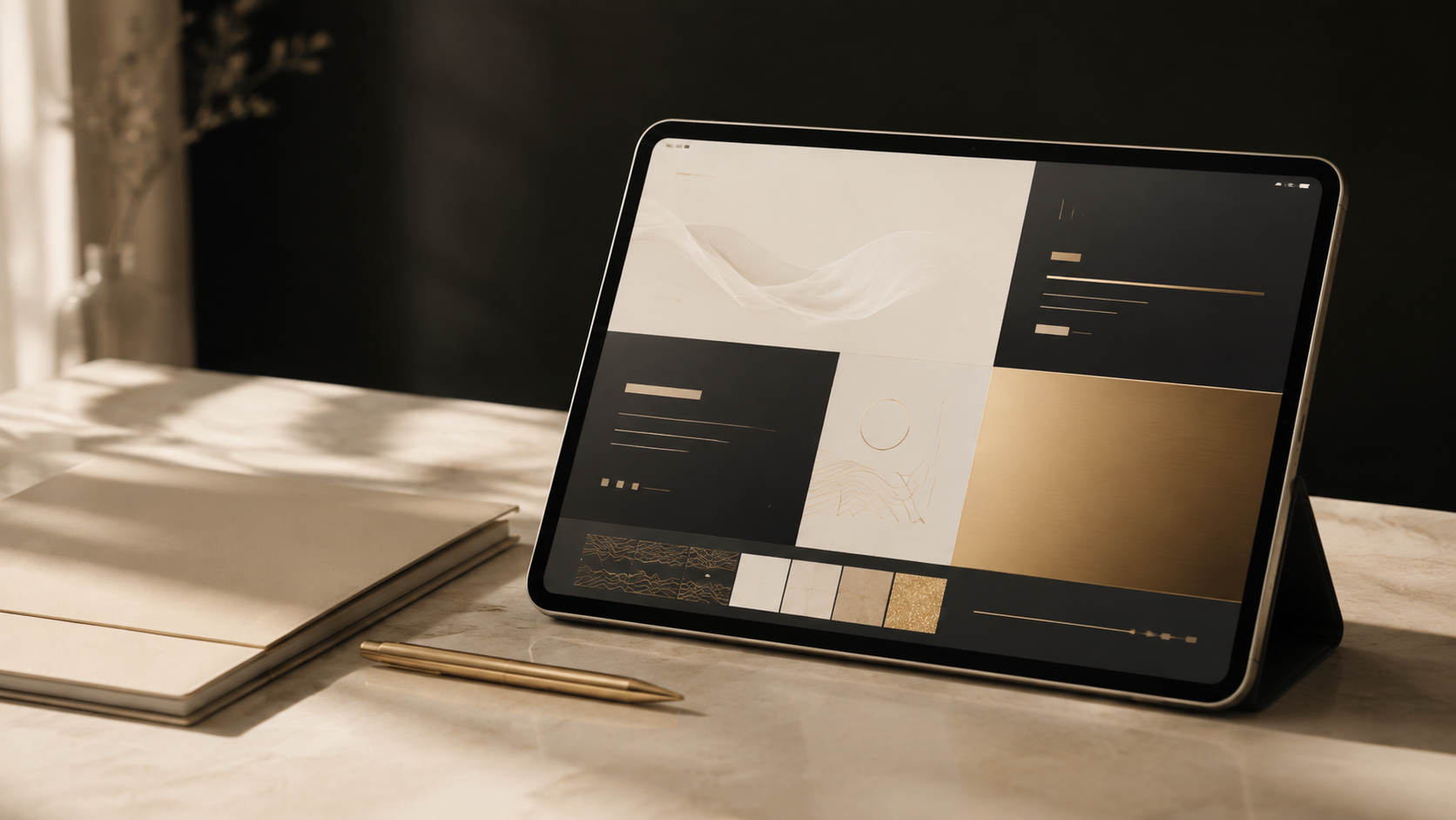 Abstract premium interface displayed on a tablet beside an unmarked presentation folder