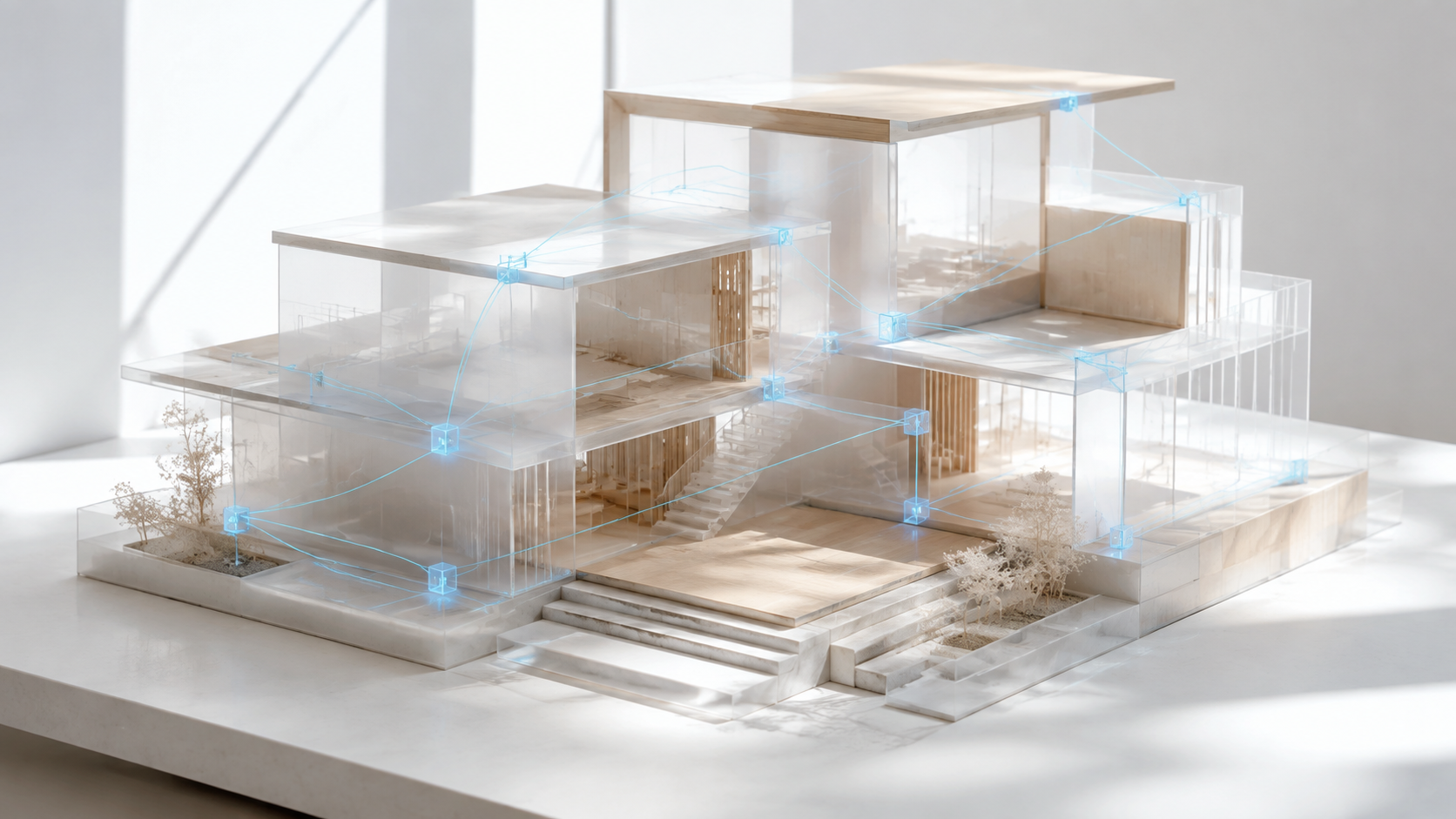 Fictional translucent architectural model connected by abstract sky-blue signal paths